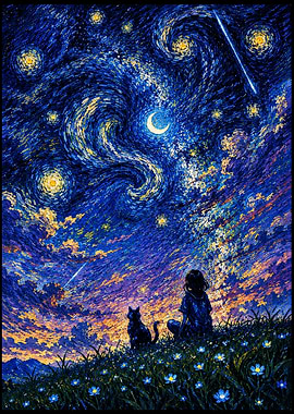 Girl and Cat Under Starry Sky
