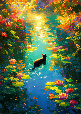 Cat in a Water Lily Pond