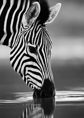 Zebra Drinking Water in Black and White Wildlife Photo