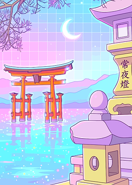 Vaporwave Japanese Shrine Landscape