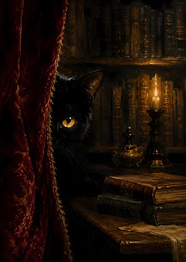 Black Cat Peeking from Behind Red Curtain