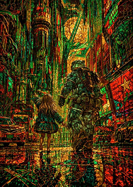 Astronaut and Child in Stained Glass City