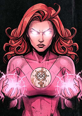 Woman with glowing eyes and energy balls