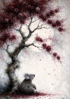 Koala under a blooming tree