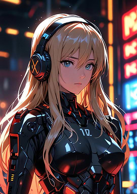 Futuristic Gamer Girl in Black Mecha