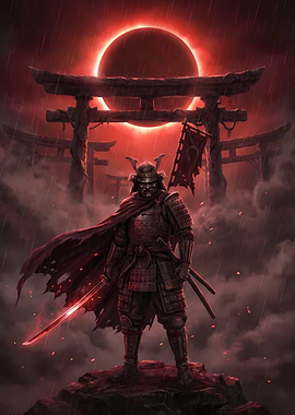 Samurai Warrior Under Red Eclipse