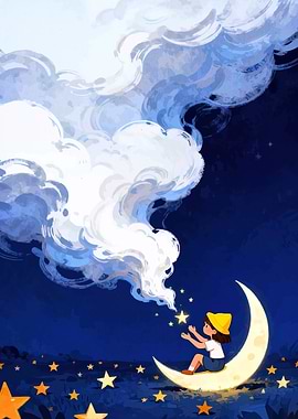 Child Reaching for Stars on Moon