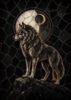 Wolf Standing on Rock with Celestial Background