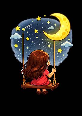 Girl on Swing Under Moon and Stars