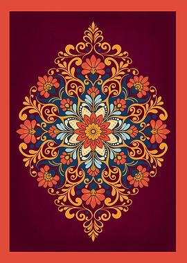 Crimson Bloom Mandala – Ornate Folk Floral Art