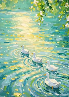 Ducks Swimming in a Sunlit Pond