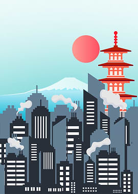 Japanese Cityscape with Mount Fuji