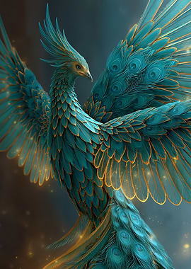 Majestic Teal and Gold Phoenix