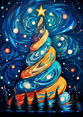 Whimsical Christmas Tree in Starry Night Sky