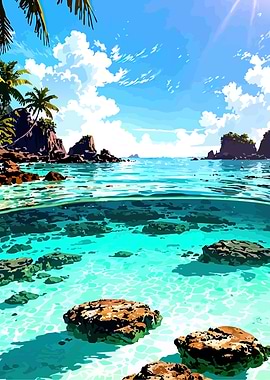Tropical Island Beach with Underwater View