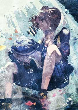 Anime character underwater with fish