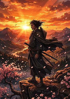 Samurai Overlooking Valley at Sunset