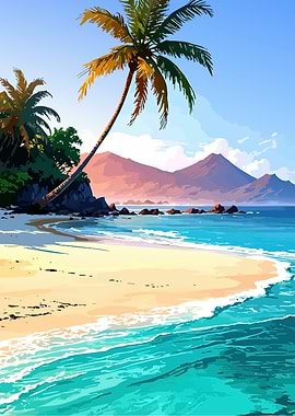 Tropical Beach with Palm Trees and Mountains