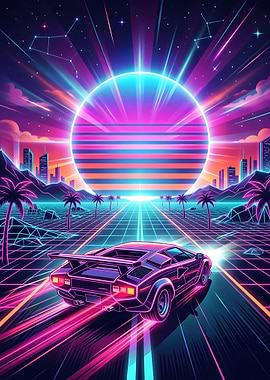 Retro Car Driving Towards Neon Sun