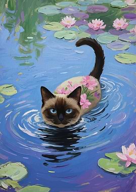 Siamese Cat in Water Lilies Pond