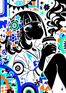 Anime Girl with Coffee and Flowers