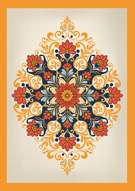 Golden Bloom Mandala – Ornate Folk Floral Art Print