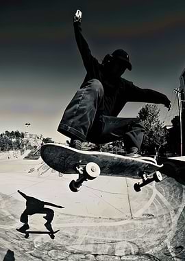 Skateboarder mid-air trick in skatepark