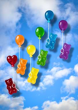 Rainbow Gummy Bears Floating With Balloons Diorama