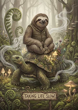 Sloth and Turtle in a Misty Forest
