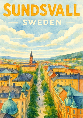 Sundsvall Sweden Vintage Travel Poster | Watercolor Scandinavian City Wall Art