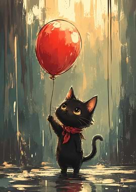 Cute black cat with red balloon