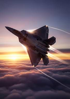 Fighter Jet Flying Above Clouds at Sunset
