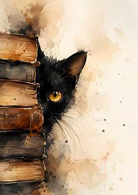 Black cat peeking from behind books