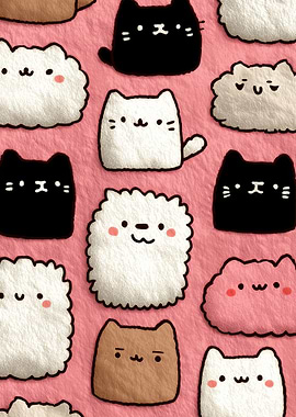 Cute Kawaii Cats on Pink Background