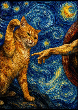 Cat and God's Hand in Starry Night Style