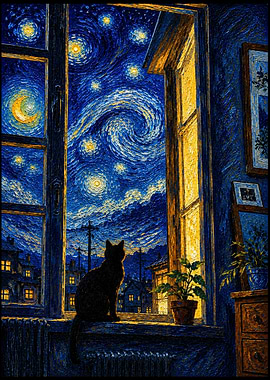 Black Cat Gazing at Starry Night Sky