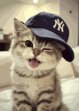 Kitten Wearing a New York Yankees Cap