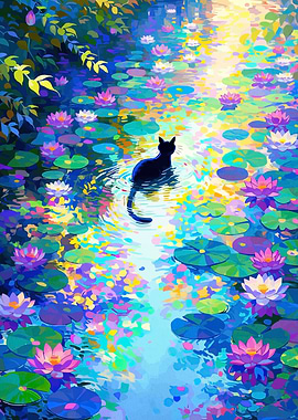 Black Cat in a Lily Pond