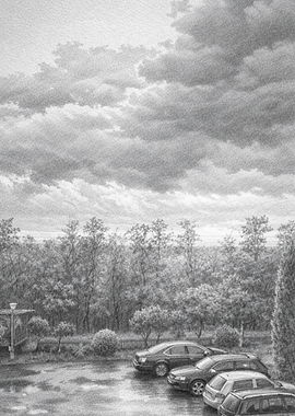 Pencil Drawing of Cars in a Rainy Landscape