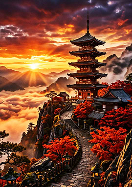 Epic Japanese Mountain Sunset Poster