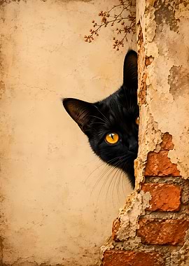 Black cat peeking from behind a wall