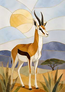 Stained Glass Gazelle in African Landscape