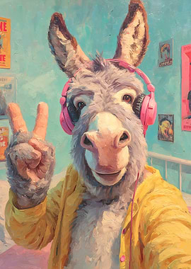 Donkey Wearing Headphones Taking a Selfie
