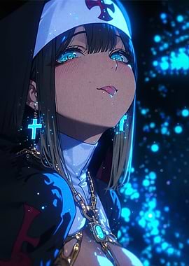 Anime Nun with Glowing Crosses