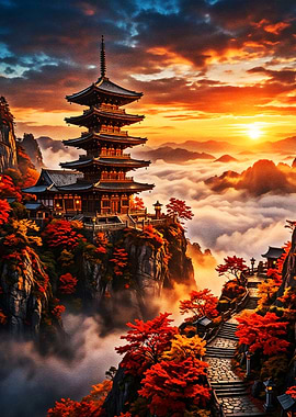 Fantasy Japanese Pagoda Landscape Art