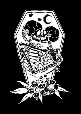 Skeleton Couple in Coffin with Flowers