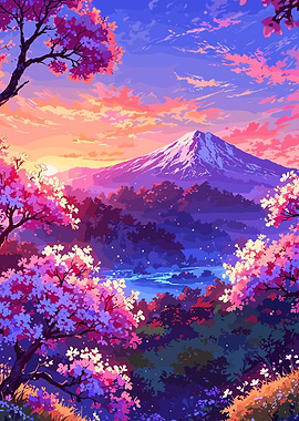 Anime Mountain Landscape with Cherry Blossoms