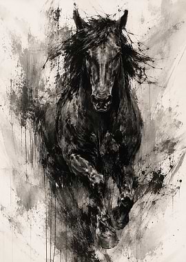Black Horse Galloping in Ink Splatter