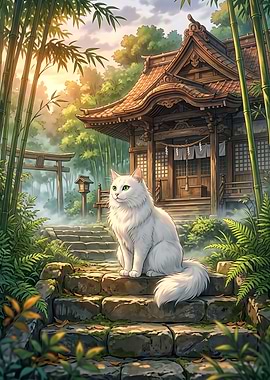 White Cat at Japanese Shrine in Bamboo Forest