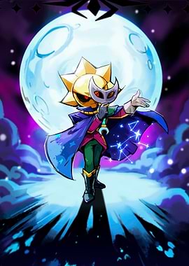 Sun-themed character with moon and stars
